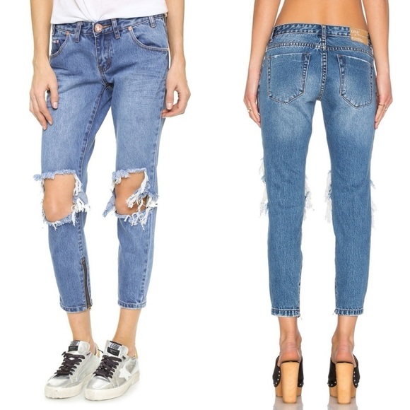 One Teaspoon Freebirds Skinny Jeans Straight leg Distressed Rips Low rise Zip - Picture 1 of 16